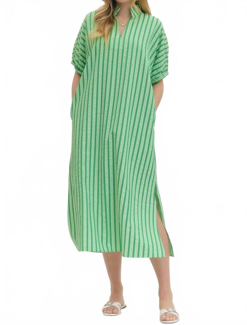 NEW ENTRO striped puff sleeve midi dress in green